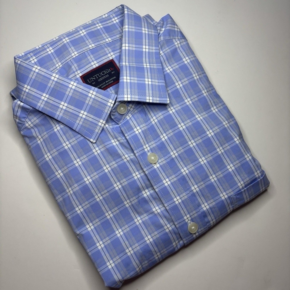 UNTUCKit Zonte Blue Plaid Performance Stretch Men's Medium Button Down Shirt - Picture 2 of 8